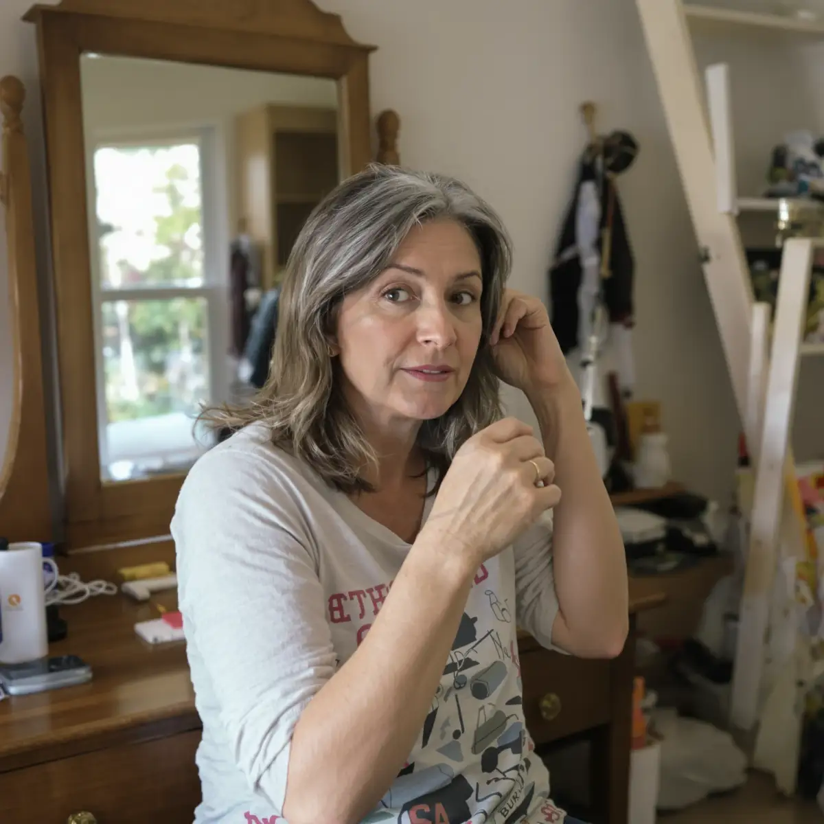 Donna in menopausa osserva i capelli diradati allo specchio