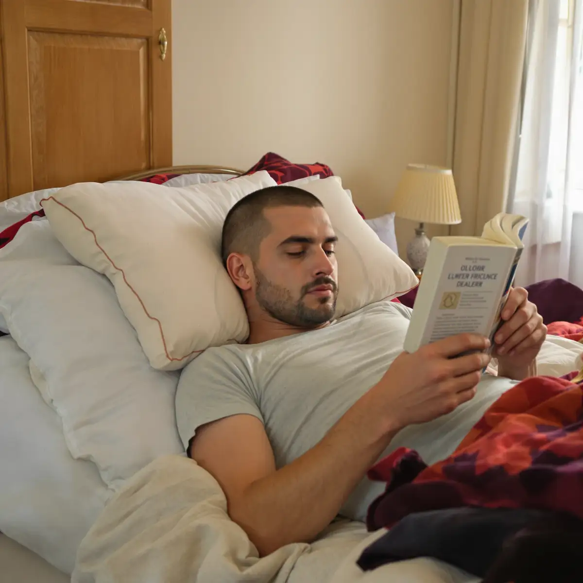 Uomo che riposa a letto con la testa sollevata dopo l'intervento