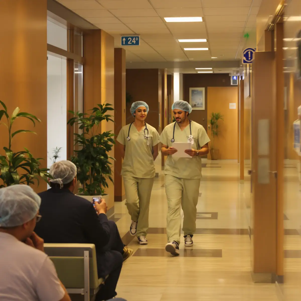 Corridoio di una clinica moderna per capelli con personale medico in servizio