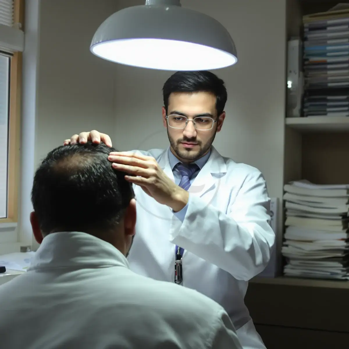 Medico che valuta il diradamento del vertice sotto la lampada
