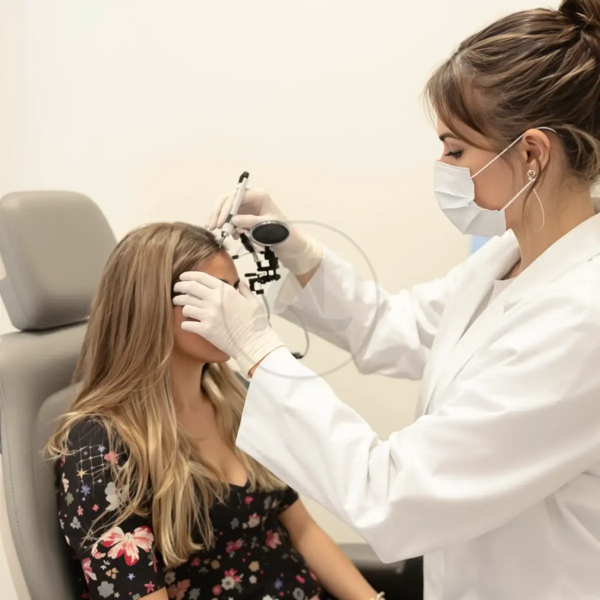 Specialiste që ekzaminon vijën e flokëve të një pacienteje me trikoskop para se të zgjedhë mes FUE dhe DHI – Albania Hair Clinic