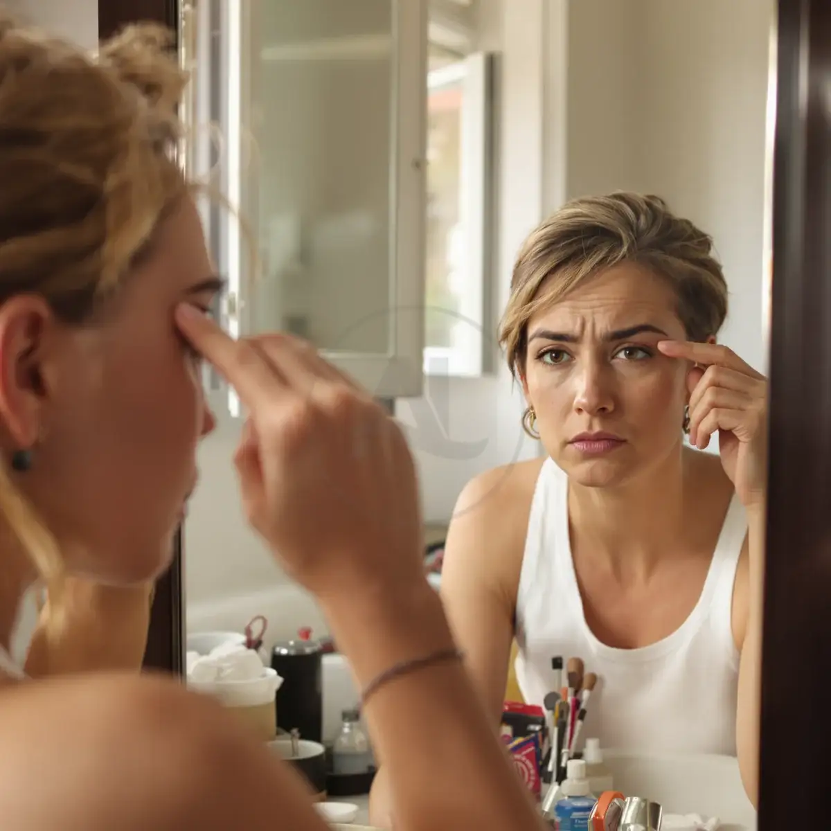 Donna che esamina le sopracciglia diradate allo specchio prima di valutare un trapianto di sopracciglia – Albania Hair Clinic