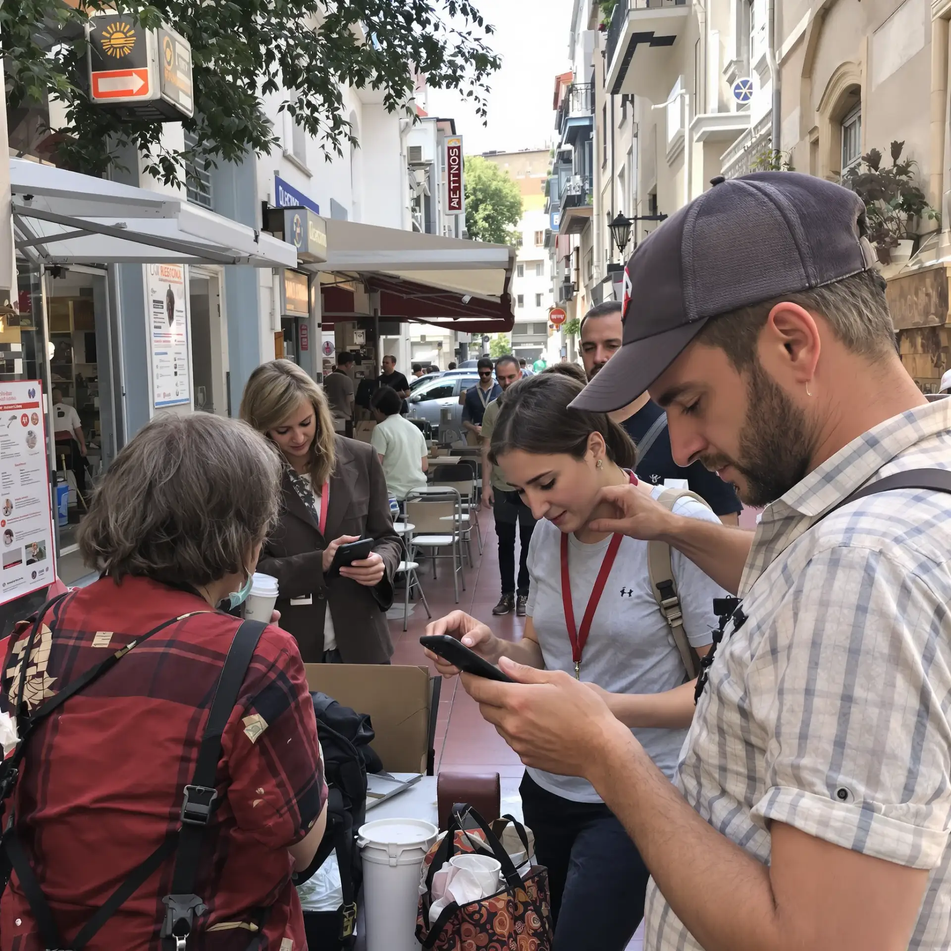 Persone in una strada cittadina che consultano informazioni sugli smartphone presso uno stand all'aperto