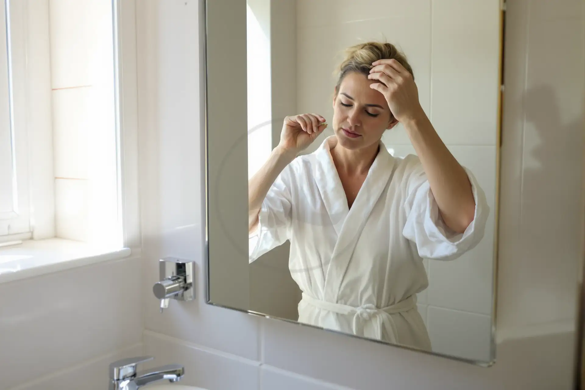 Donna matura in accappatoio bianco si guarda i capelli persi nel palmo della mano, bagno italiano.