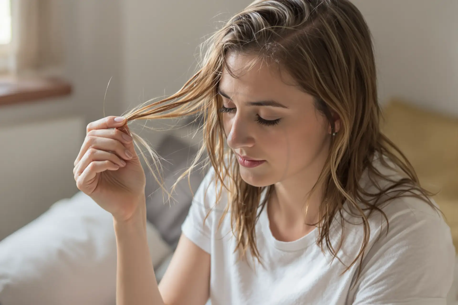 Donna con capelli bagnati osserva alcuni capelli caduti tra le dita, seduta sul letto in camera da letto.