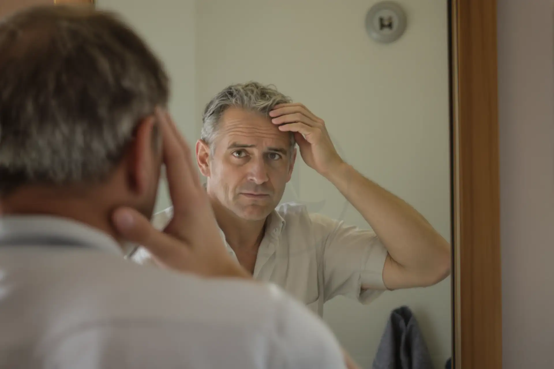 Uomo sulla quarantina si passa le mani tra i capelli diradati davanti allo specchio del bagno, aria preoccupata.