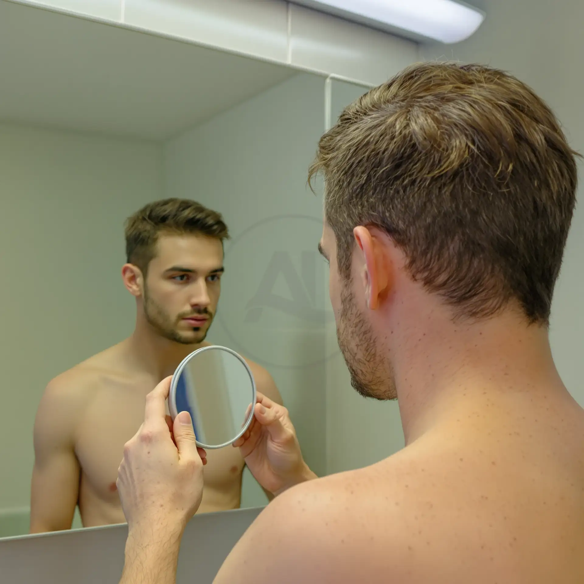 Giovane uomo osserva il suo attaccatura dei capelli allo specchio, primi segni di stempiatura.