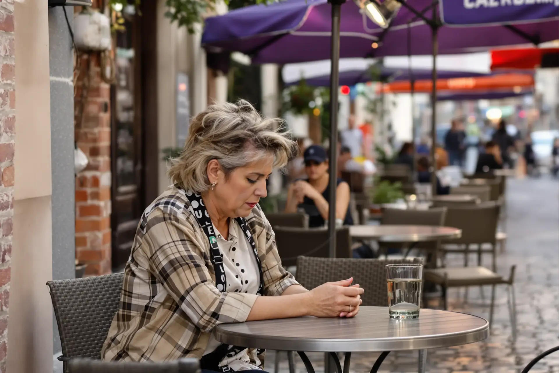 Donna con capelli diradati seduta al caffè a Roma, sguardo pensieroso.
