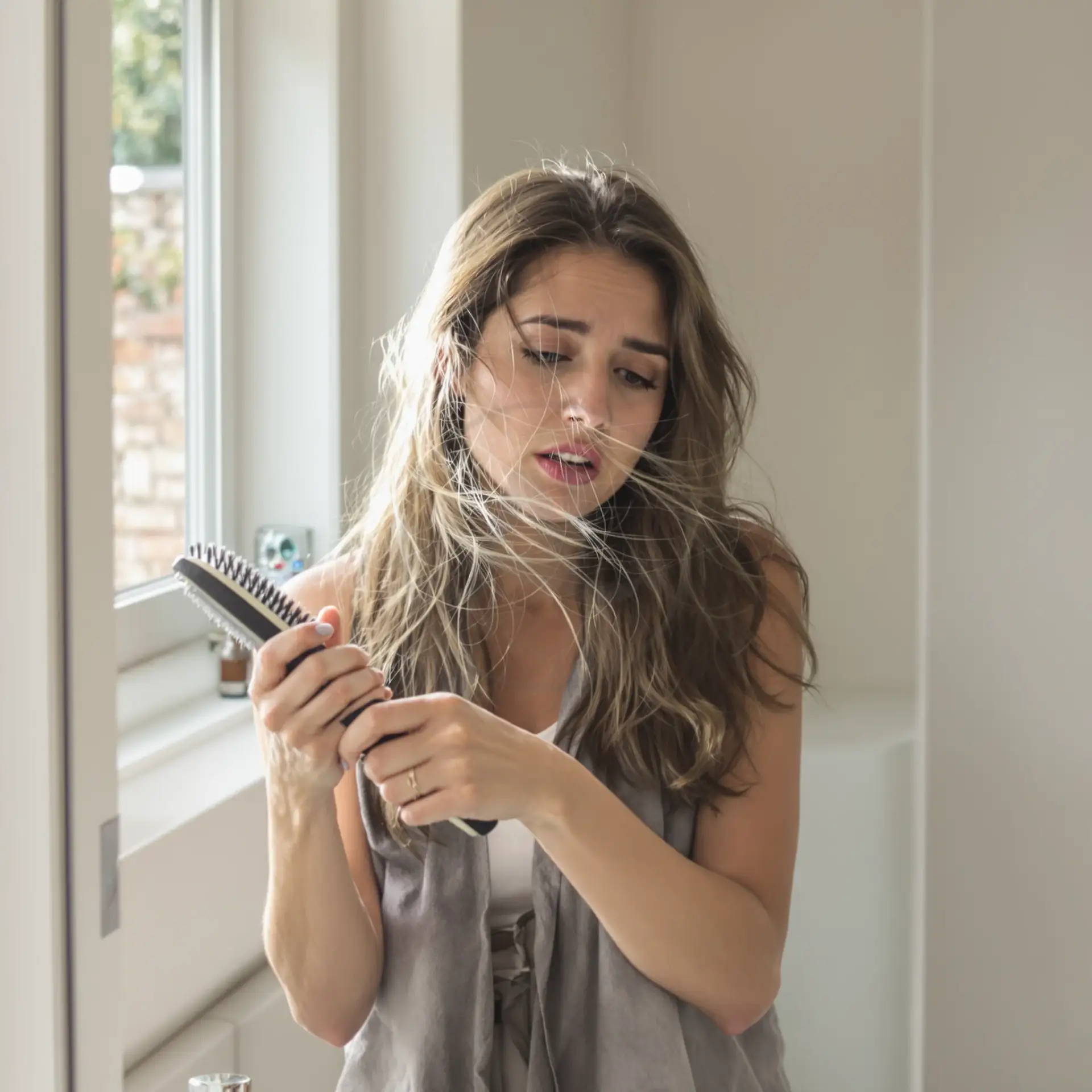 Donna esamina i capelli persi sulla spazzola, preoccupazione nello sguardo.
