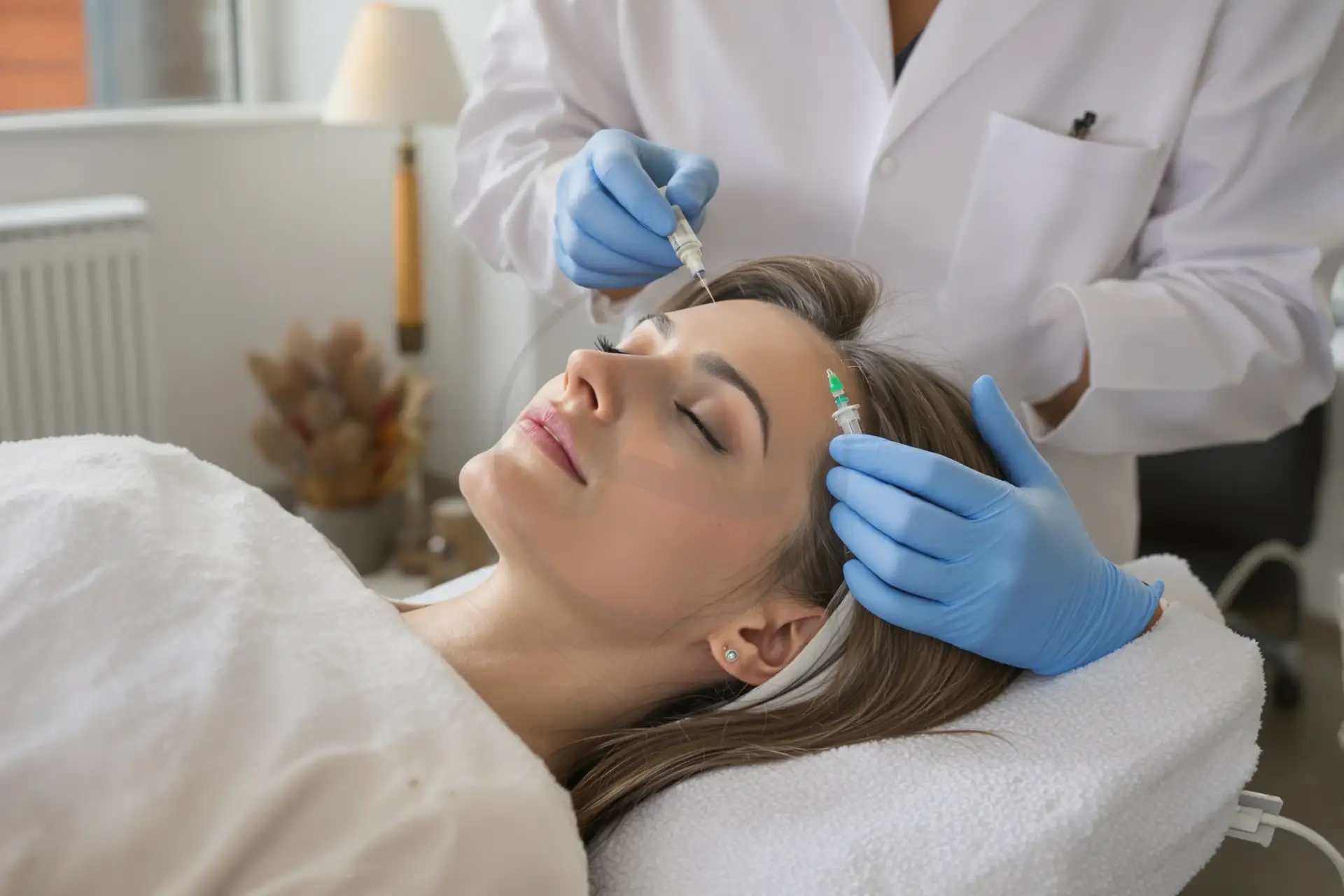 Donna sottoposta a trapianto capelli senza rasatura, medico applica anestesia locale.
