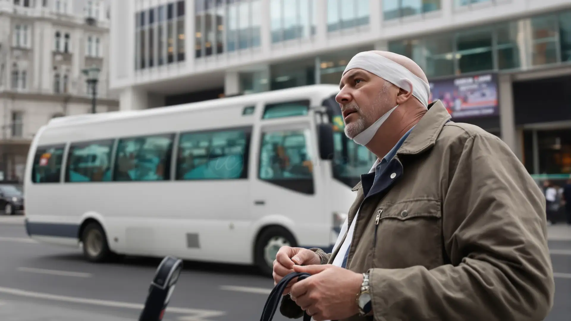 British man with bandaged head waits outside Istanbul clinic after hair transplant