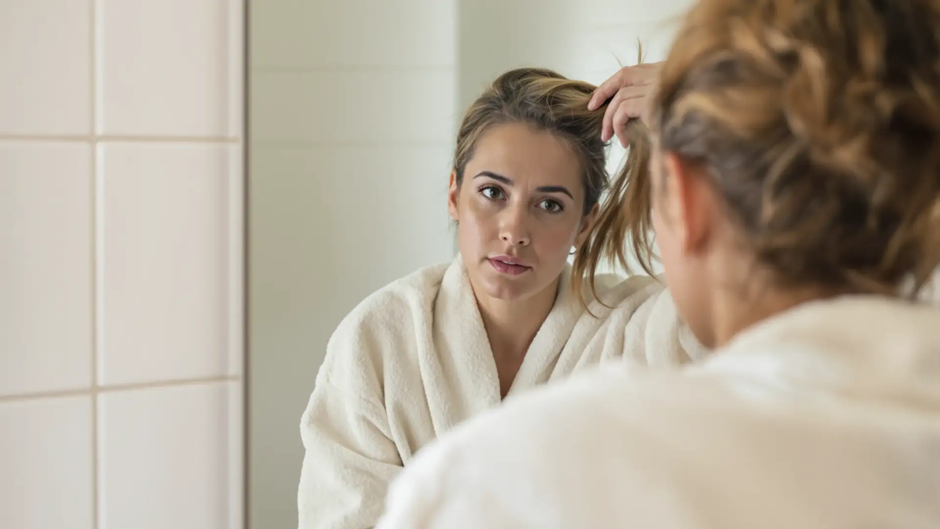 Donna in accappatoio a cui una seconda persona solleva e osserva i capelli fini.