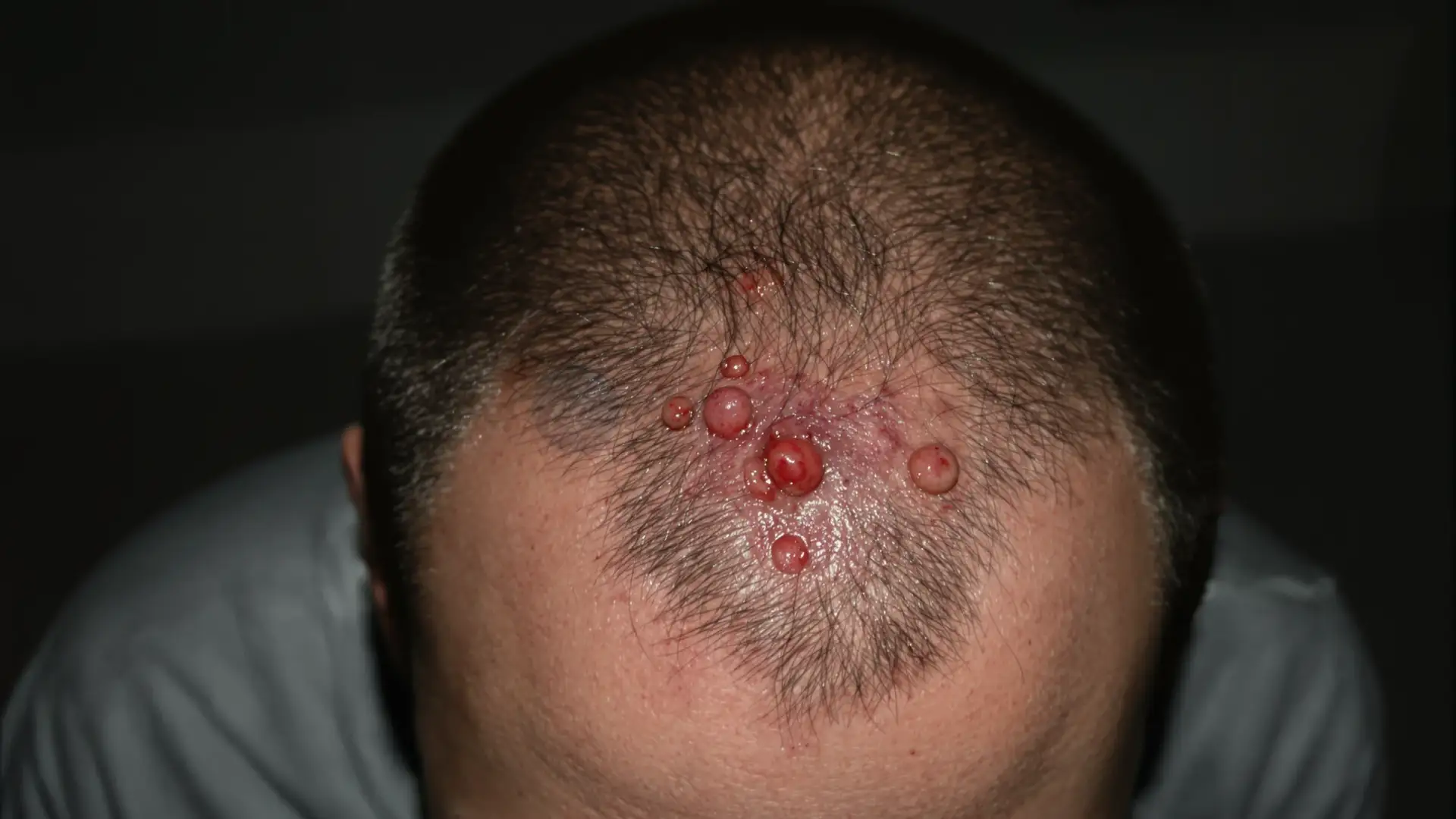 Close-up of infected hair follicles on a scalp with red bumps and pus