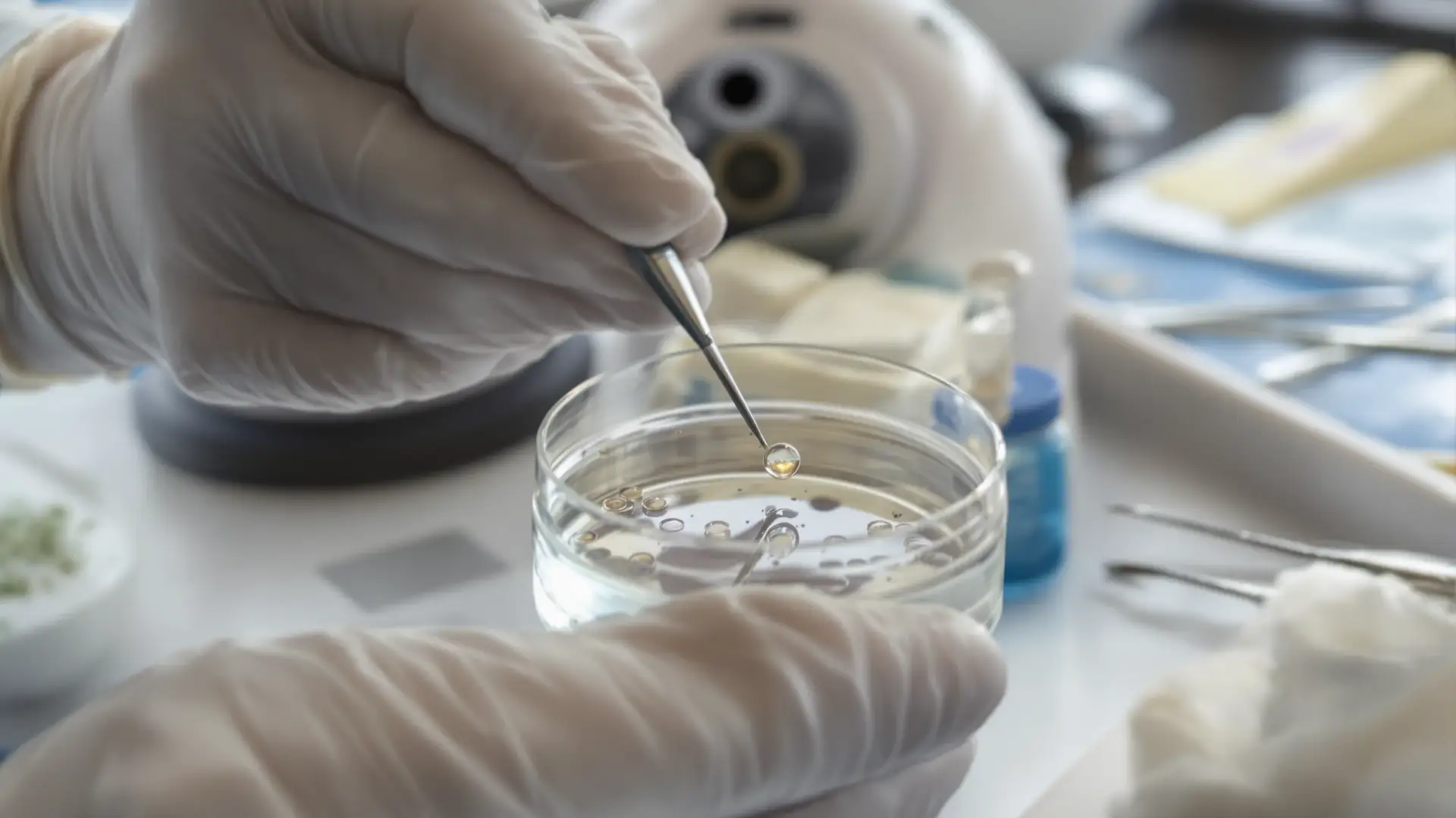 Mani con guanti che contano innesti di capelli in una capsula di Petri con strumenti chirurgici accanto.