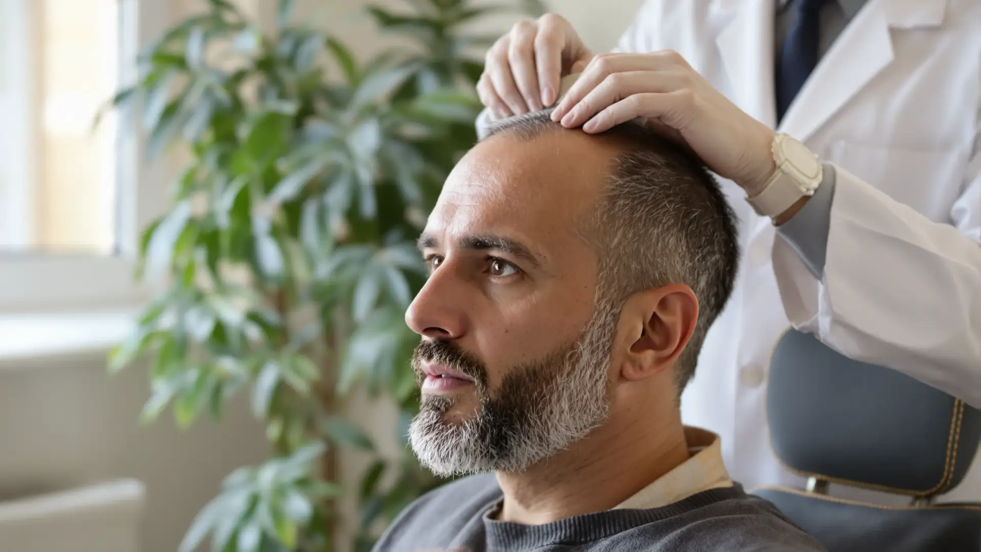 Medico in camice bianco che separa i capelli di un uomo seduto per osservare il cuoio capelluto.