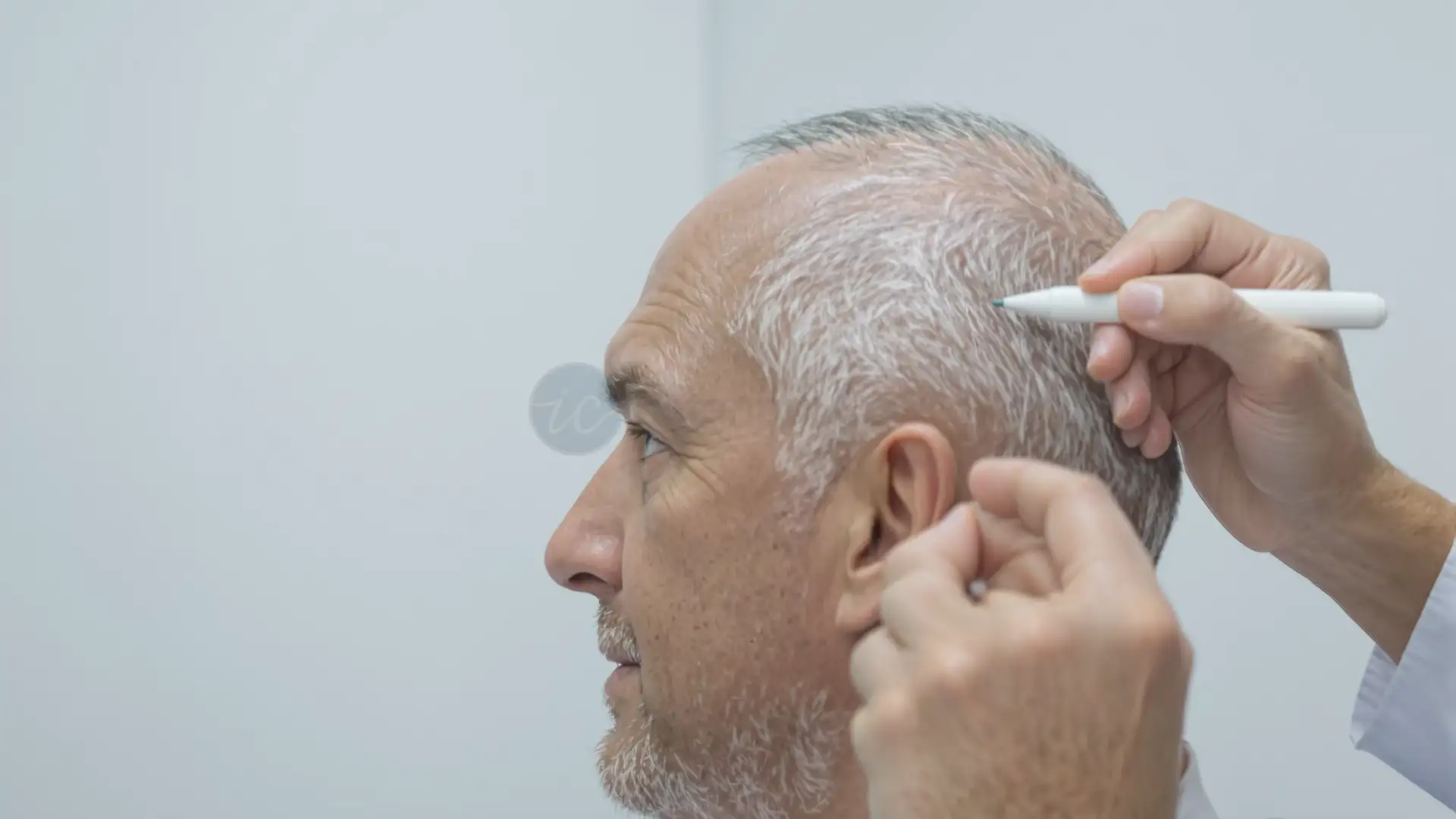 Doctor drawing hairline on balding man's head during consultation for graft count.