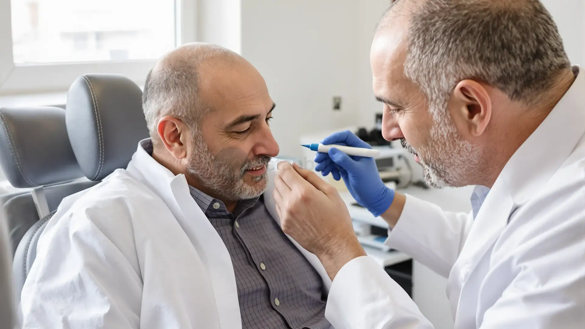 Doctor drawing hairline on patient's scalp in a Turkish hair transplant clinic.