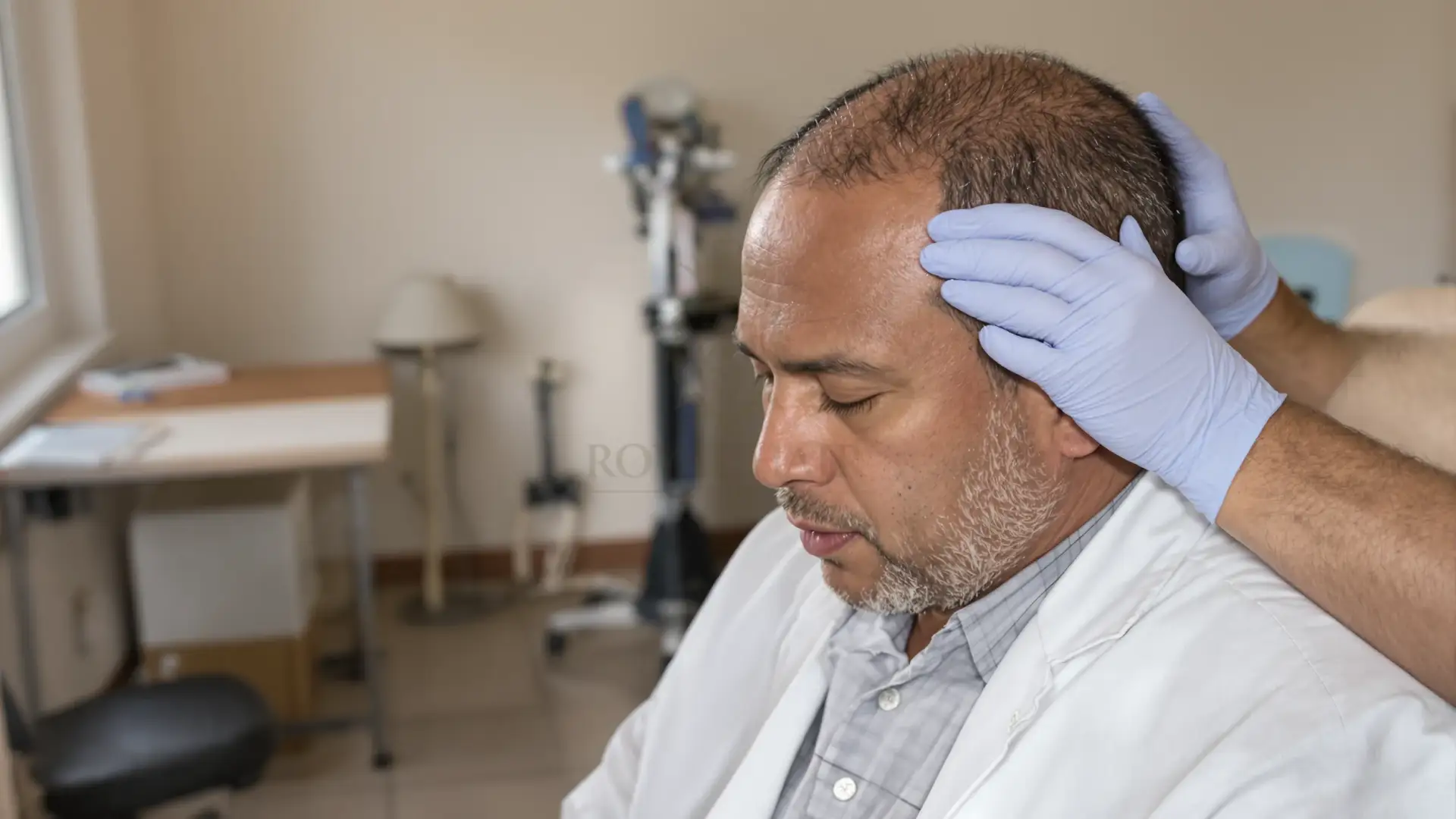 Doctor examining a man's scalp in a Dominican Republic clinic consultation.