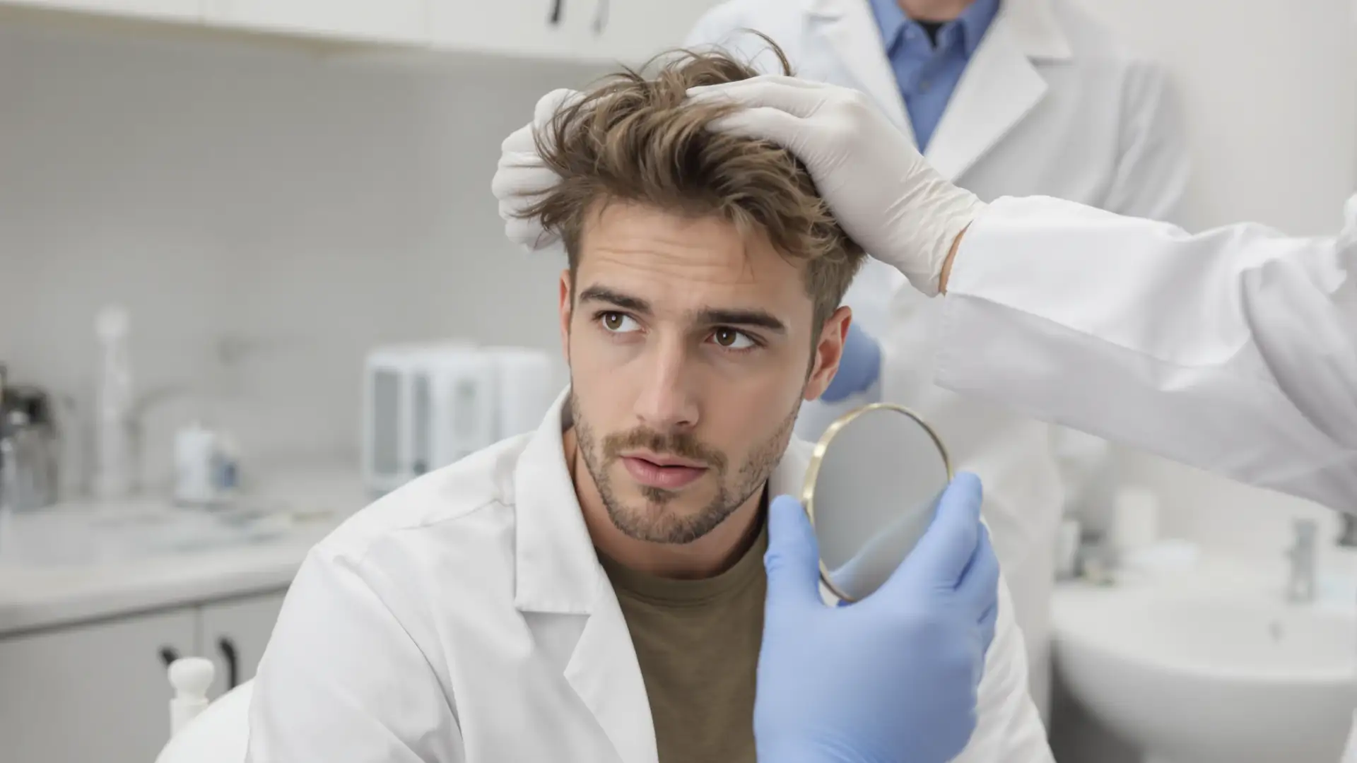 Doctor examining a young man's thinning hair in a clinic mirror