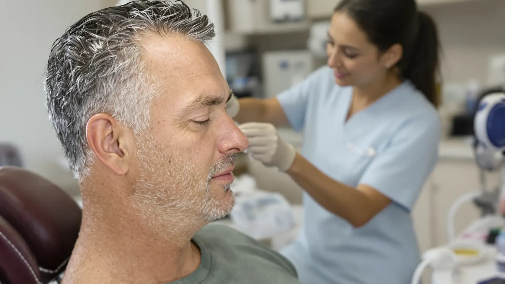 Doctor inspecting a fresh hairline transplant in a clinic exam room.