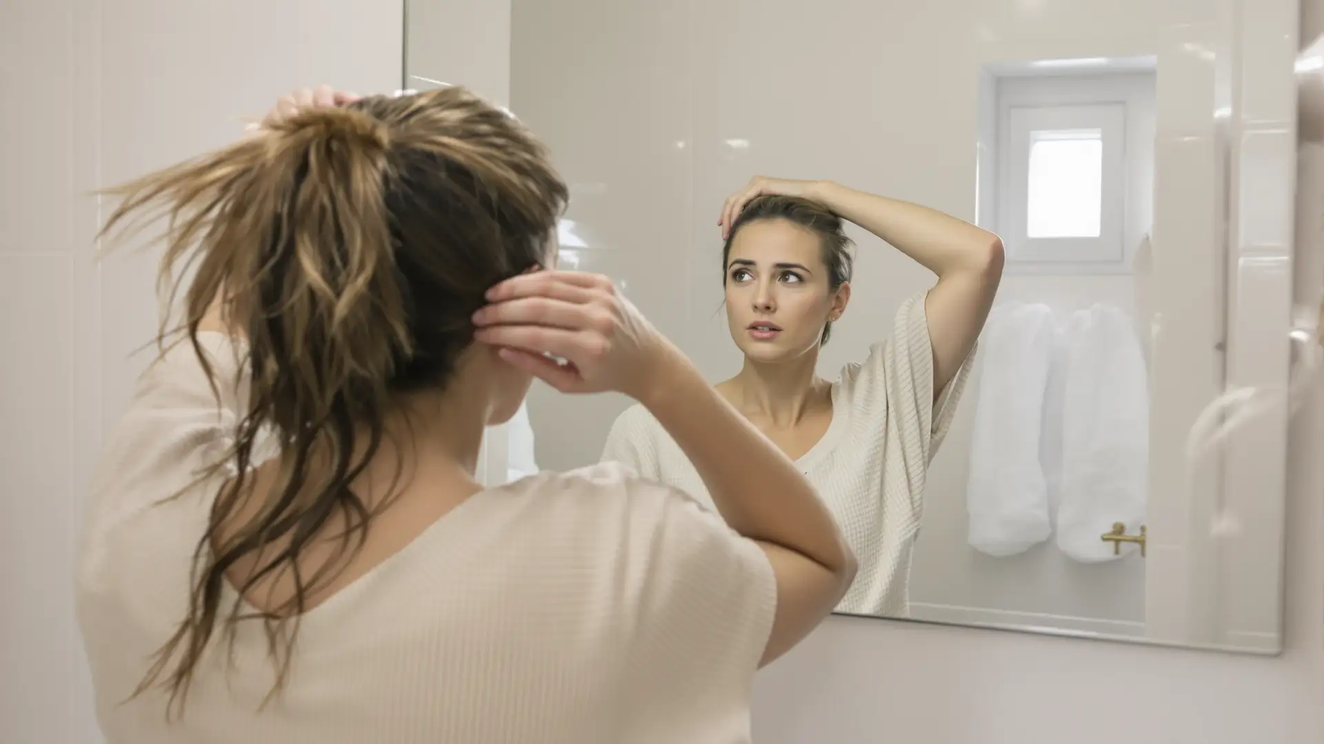 Donna davanti allo specchio che solleva i capelli per controllare l'attaccatura frontale.