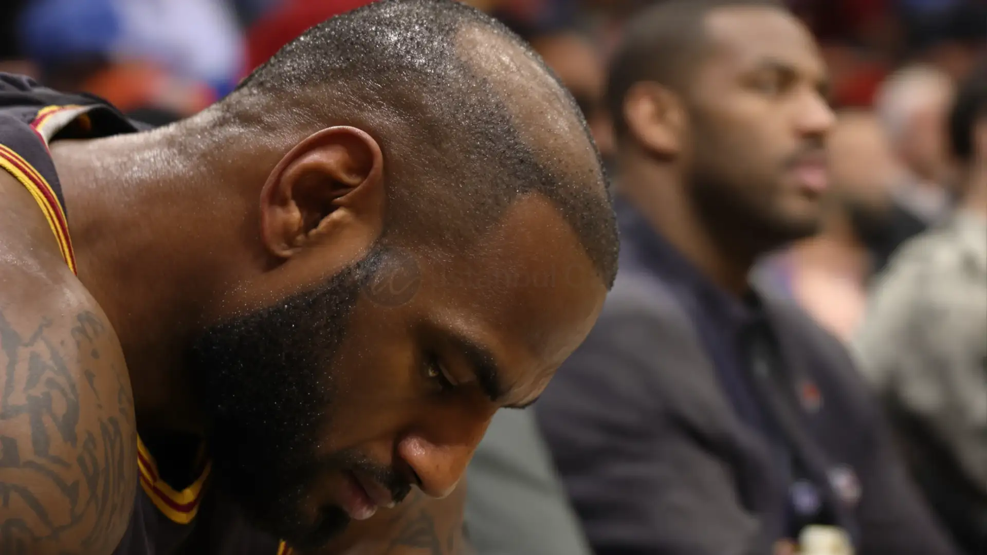 LeBron James on the bench, his thinning crown and receding hairline visible under arena lights.