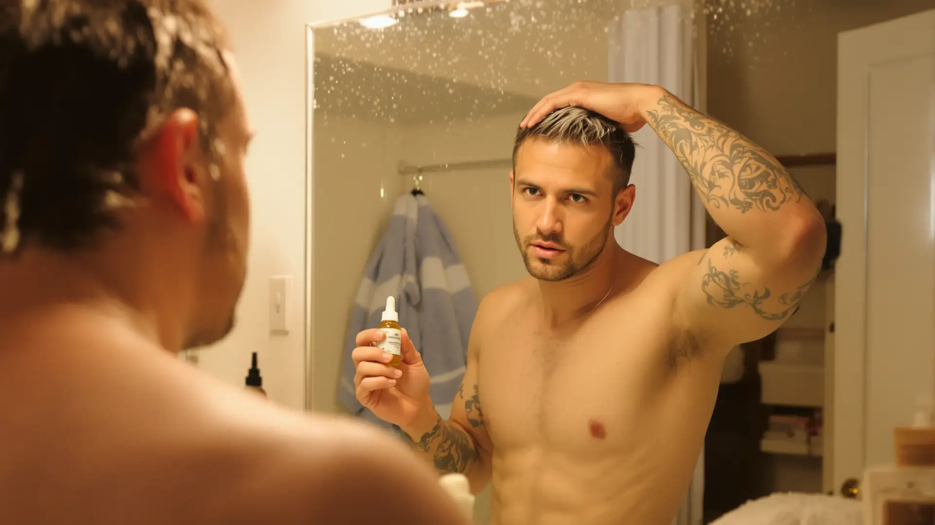 Man applying minoxidil drops to his scalp in a bathroom mirror.