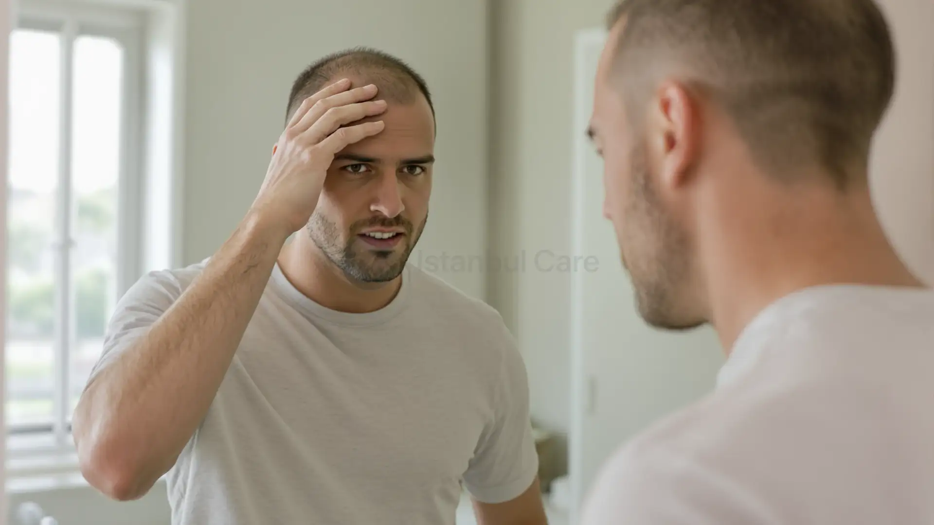 Man examining thinning hair in bathroom mirror.