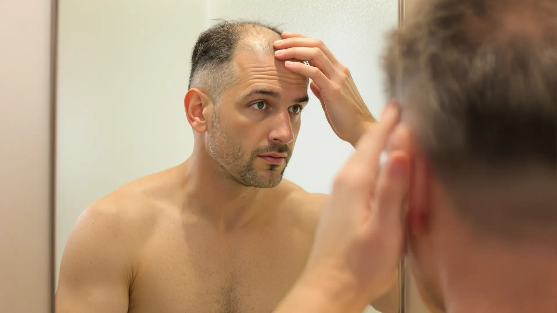 Man in mirror checking thinning hair on crown