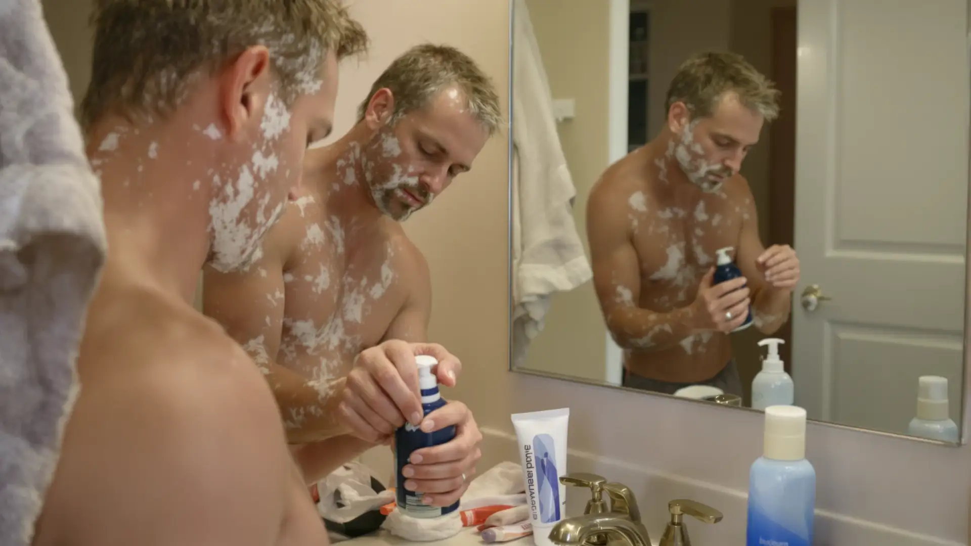 Man squeezing shampoo into his palm at bathroom sink
