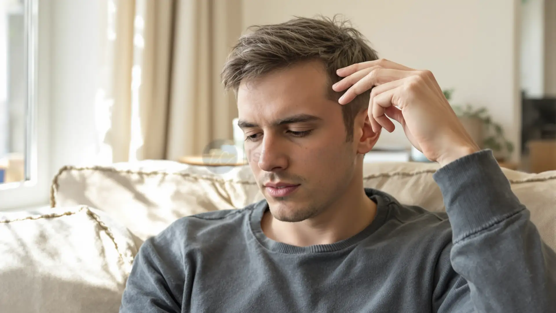 Man touching his hairline thoughtfully on a couch in natural light