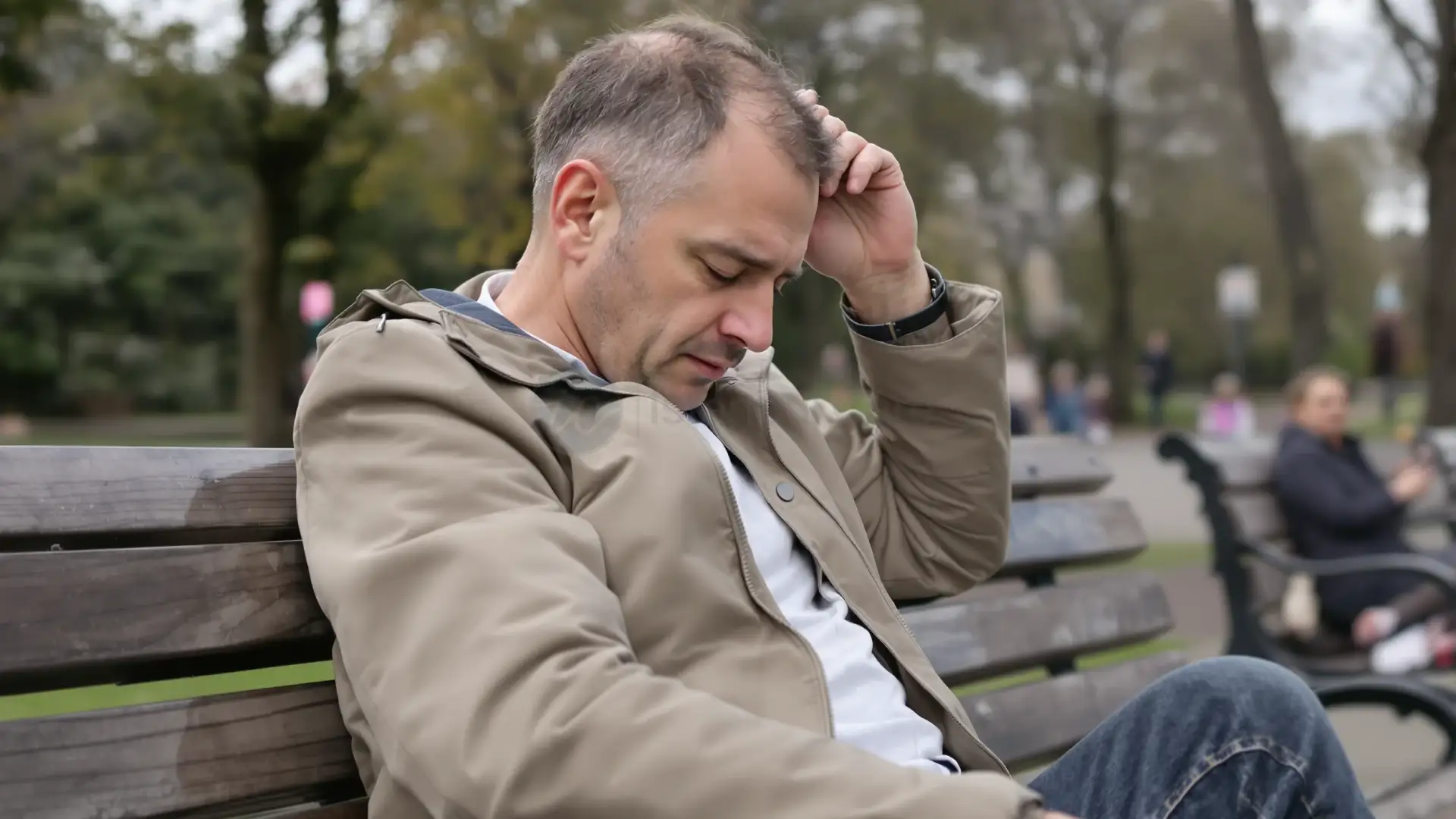 Man with thinning hair sitting on a London park bench, looking thoughtful.