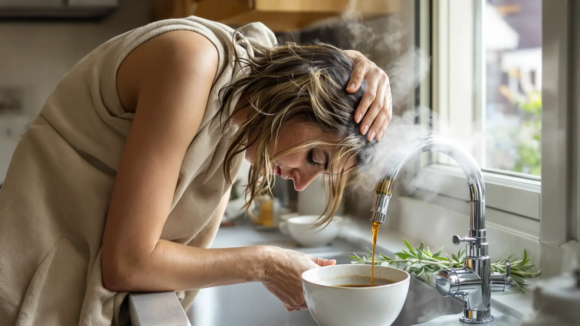 Donna che risciacqua i capelli in un lavandino con un infuso di erbe e rosmarino.