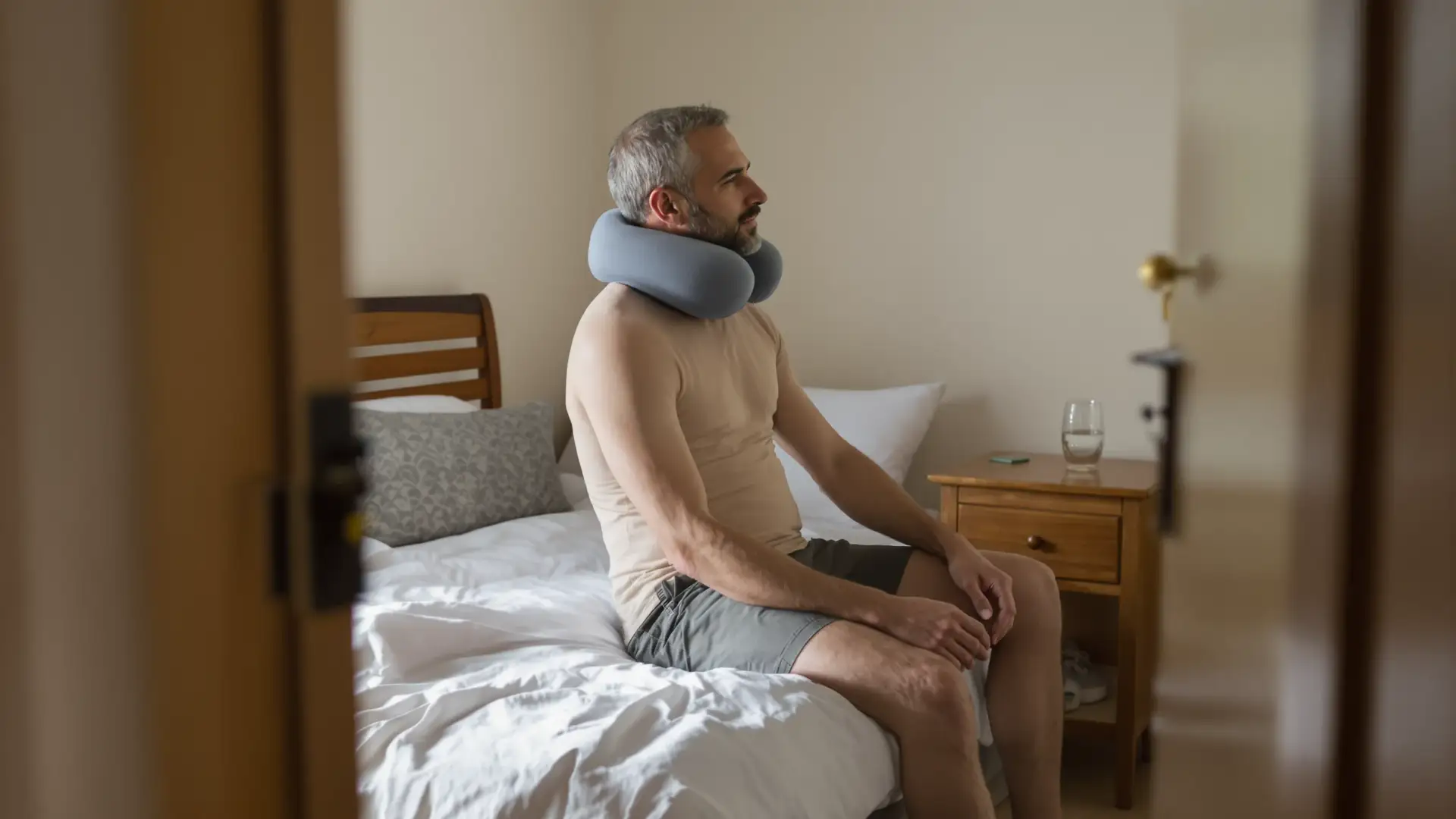 Uomo seduto sul bordo del letto con un cuscino cervicale, in fase di riposo post-operatorio.
