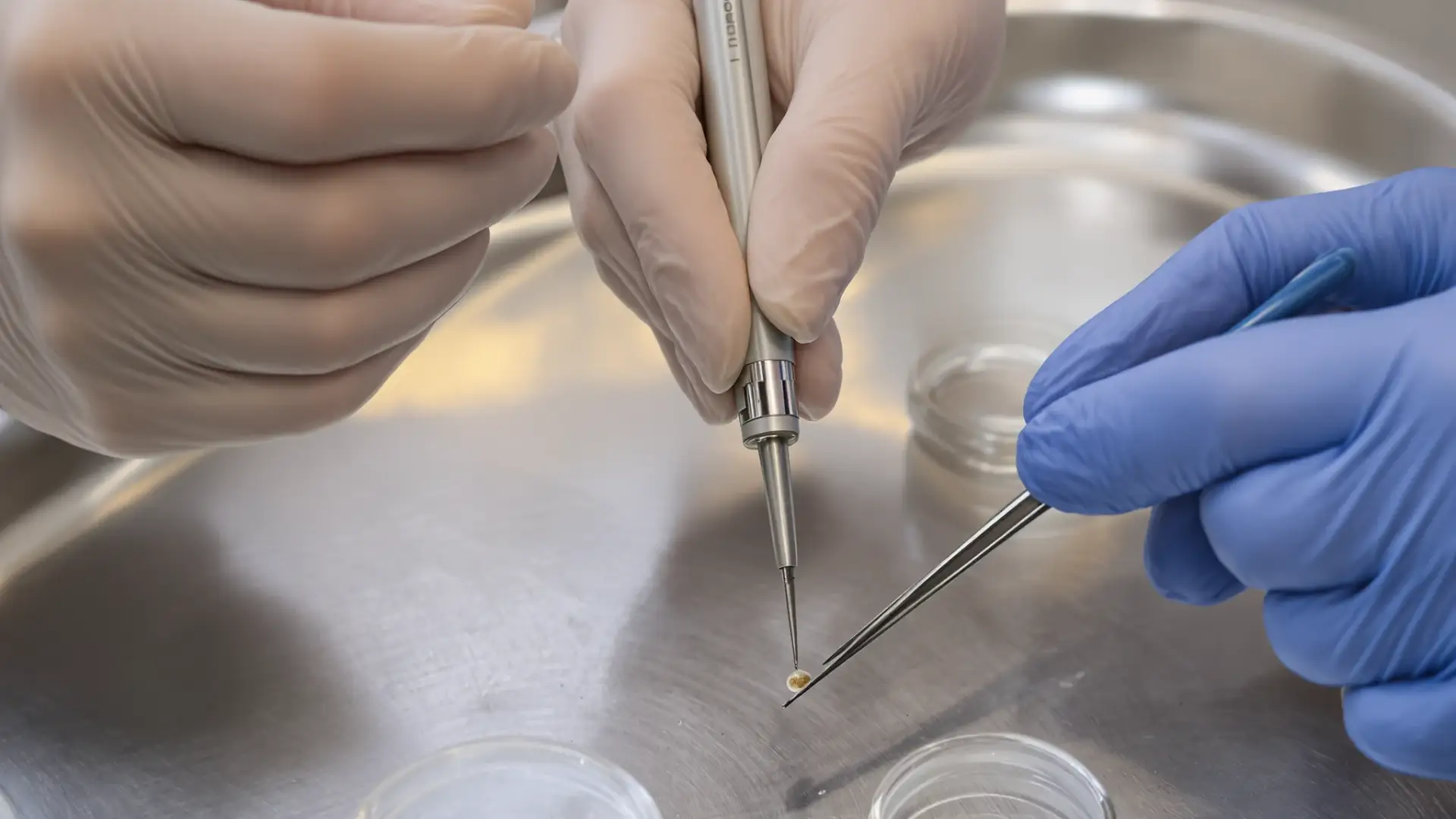 Mani con guanti che prelevano innesti da una capsula di Petri con una pinza chirurgica sottile.