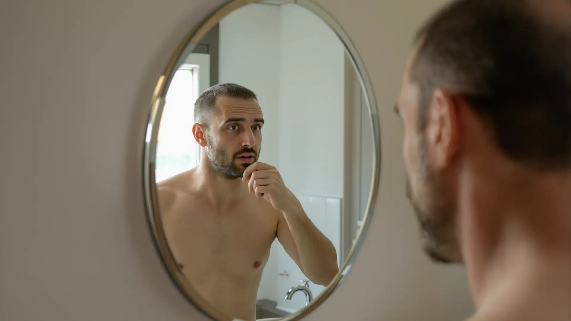 Uomo con capelli diradati si guarda l'attaccatura allo specchio in bagno