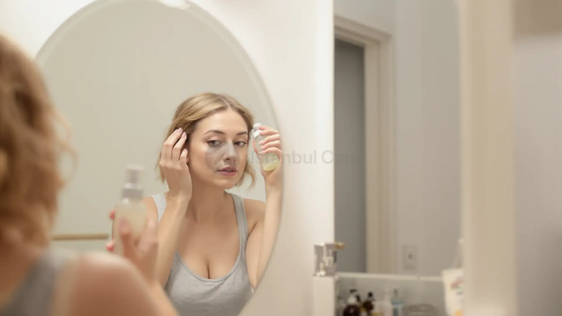 Woman applying topical minoxidil to her scalp in a bathroom mirror