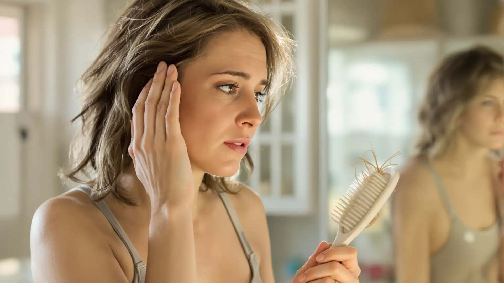 Woman checking hairbrush for shedding in bright bathroom