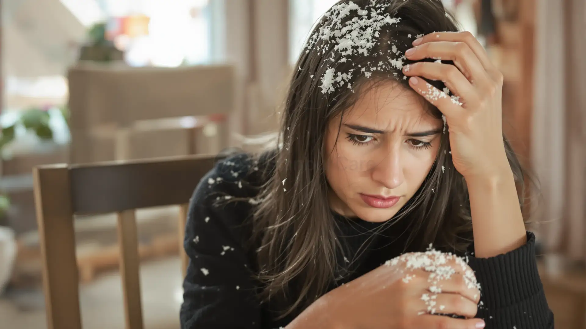 Woman inspecting hair flakes on her sweater, worried about hair loss.