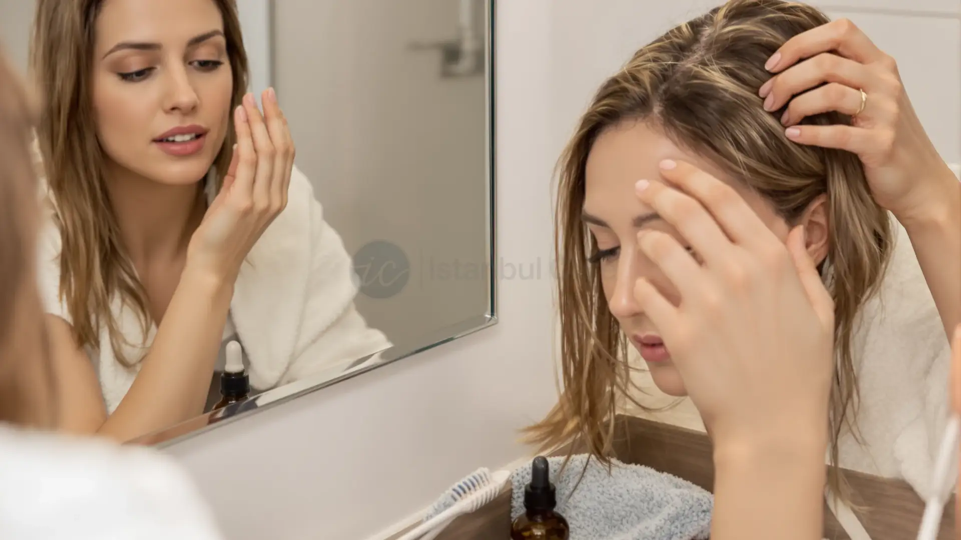 Woman massaging rosemary oil into her scalp in a bathroom.