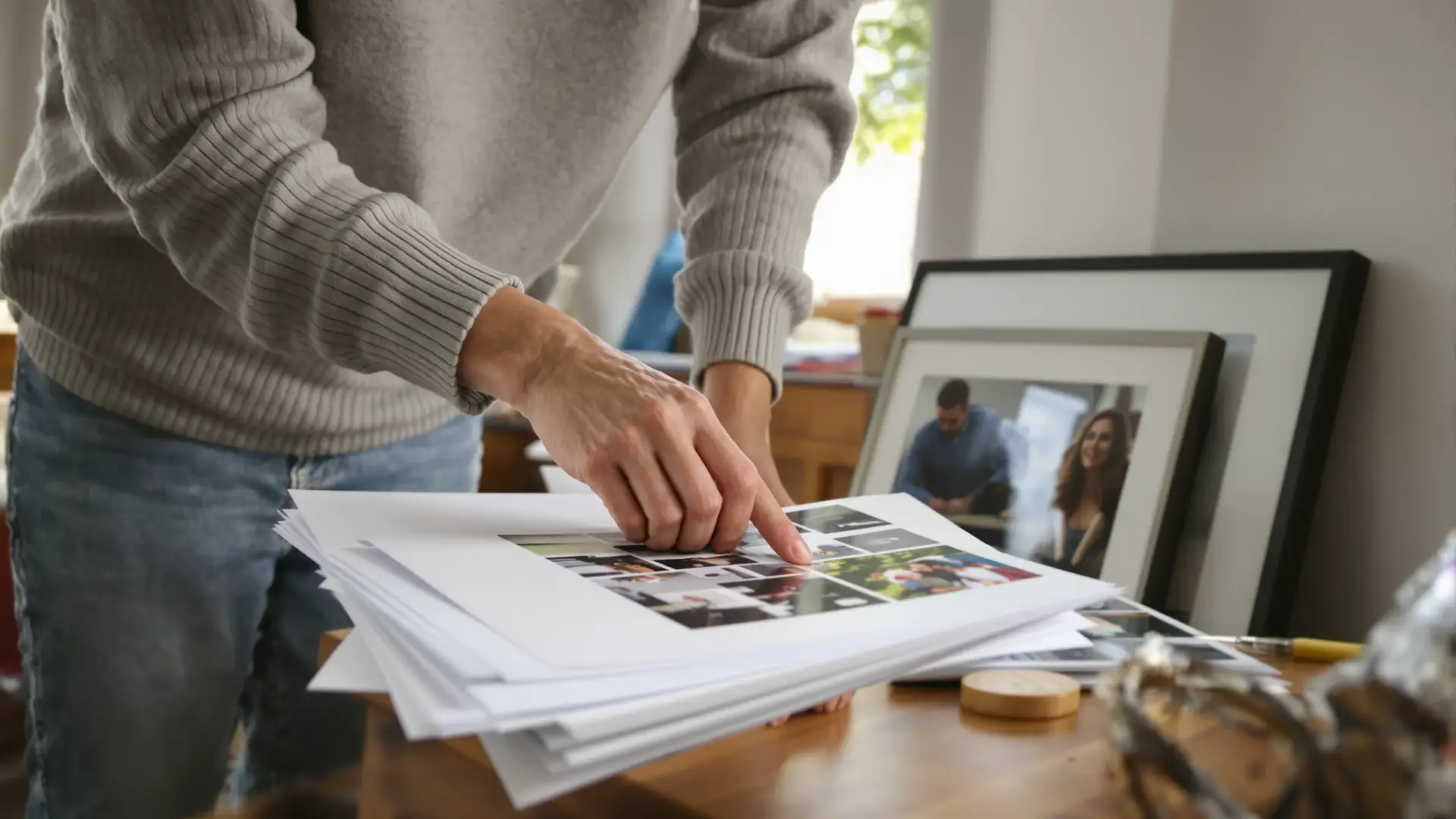 Woman sorting printed photographs at a kitchen table in bright daylight.