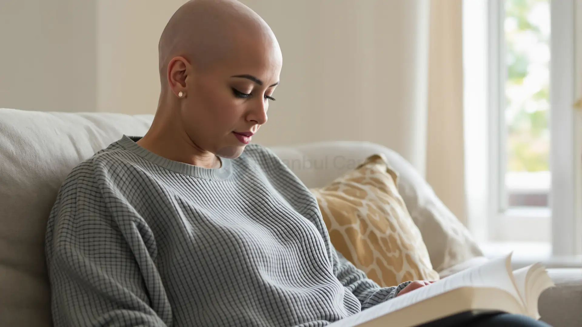 Woman with alopecia totalis reading on a sofa, complete scalp hair loss visible.