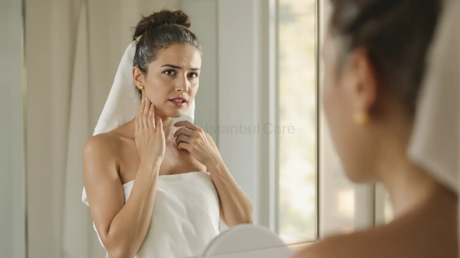 Woman with thinning hair on crown, touching her scalp after a shower in realistic bathroom lighting.