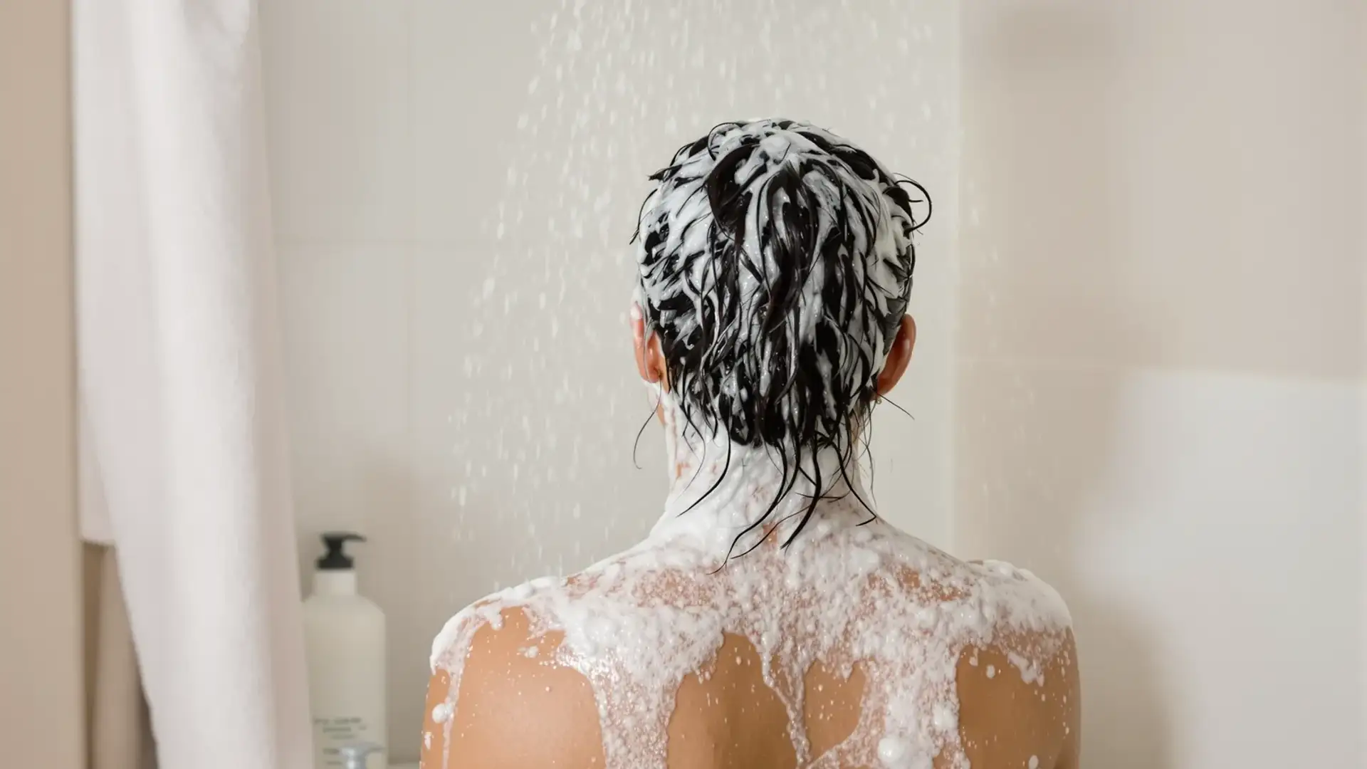 Woman lathering shampoo in the shower with thick suds