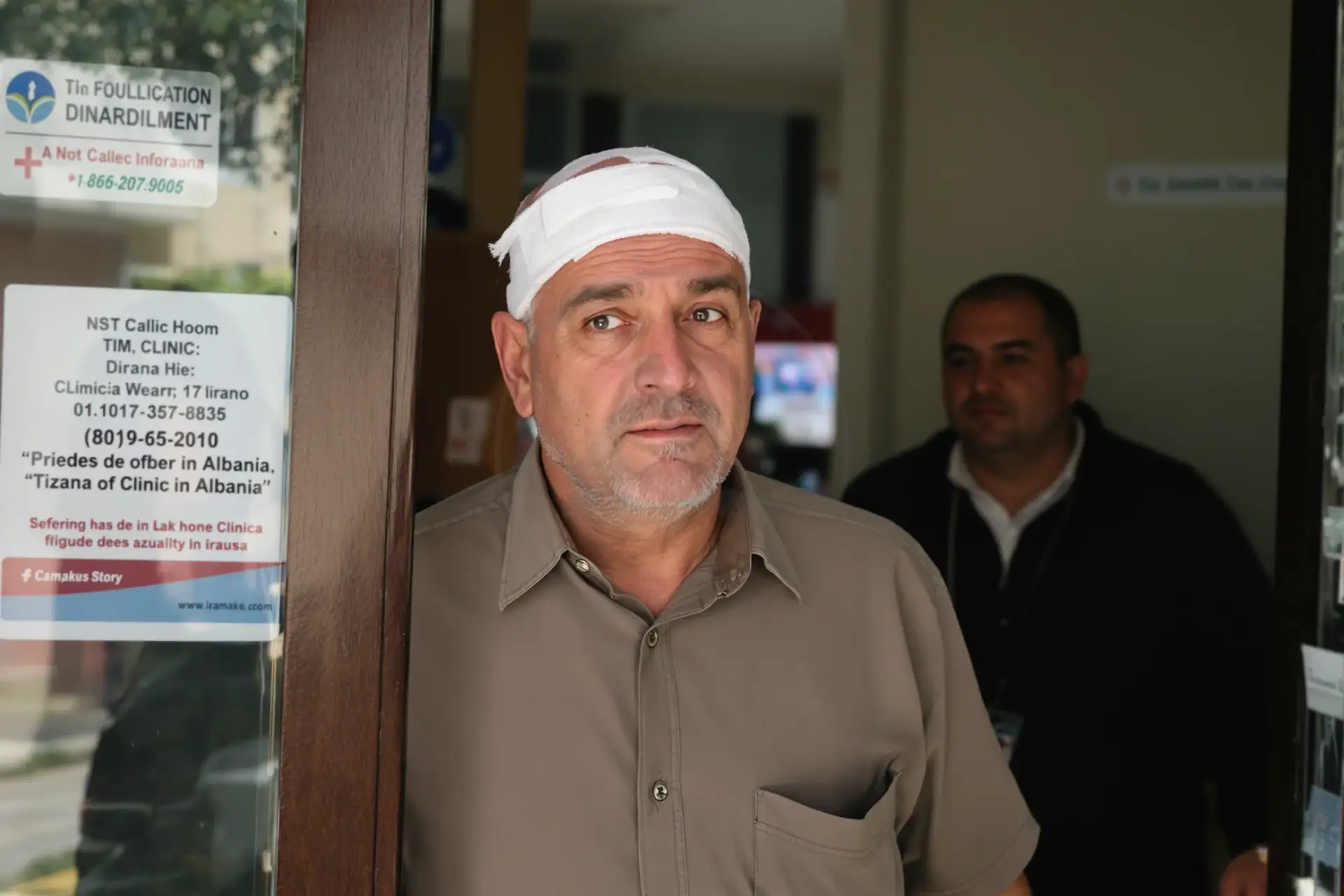 Burrë me një fashë të mbështjellë rreth kokës duke qëndruar në hyrjen e klinikës pas një procedure