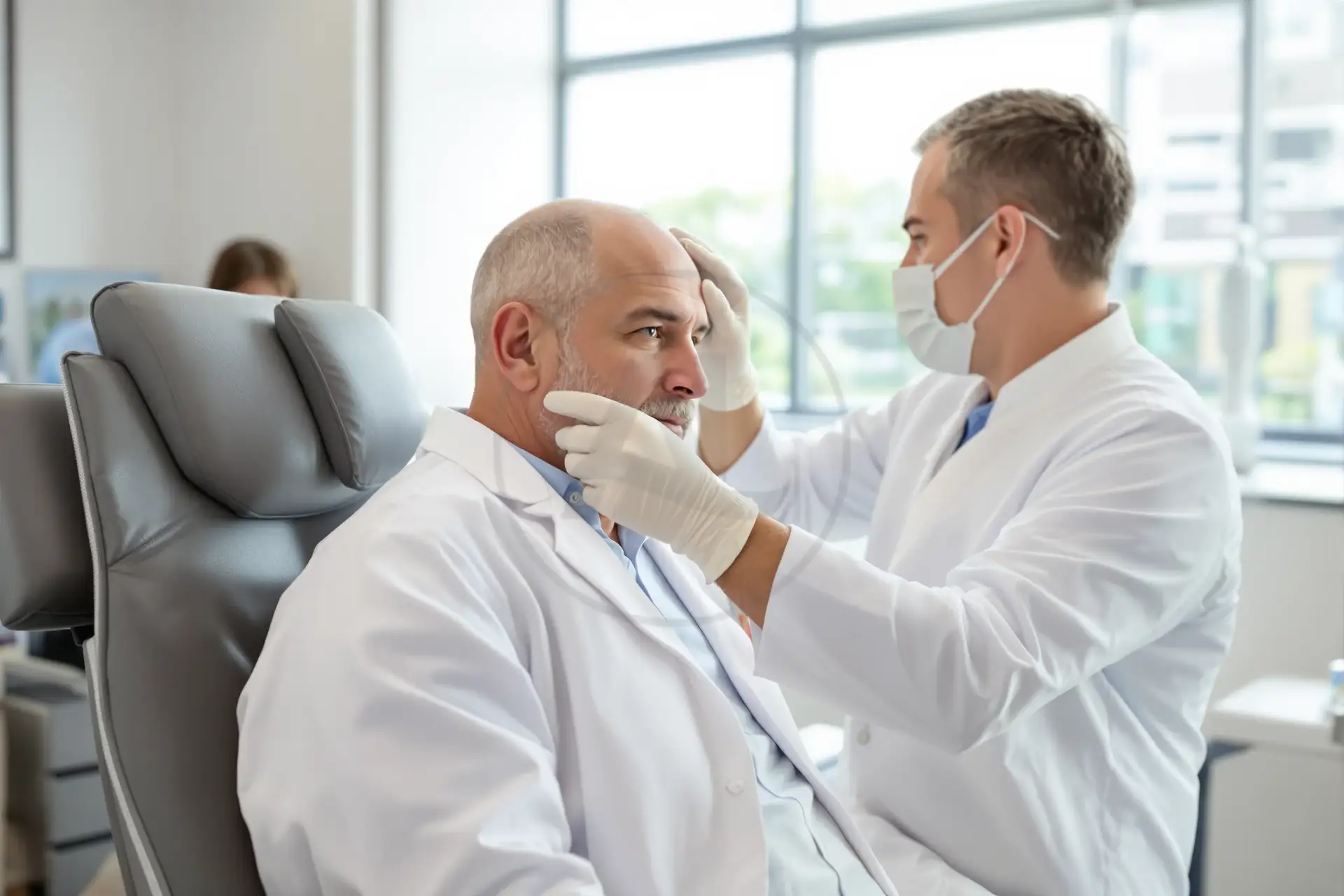 Mjek me maskë dhe doreza duke ekzaminuar lëkurën e kokës së një burri të moshuar të ulur në klinikë