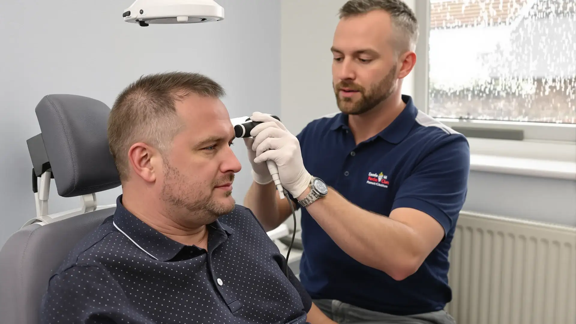 Hair transplant consultation in Manchester: clinician examining a man's scalp with a scope.