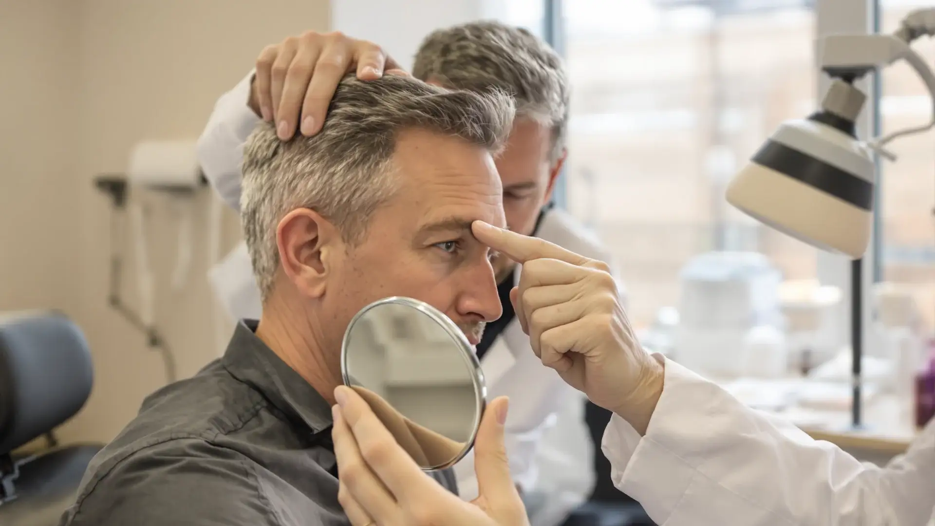 Man inspects uneven hairline in mirror during revision consultation