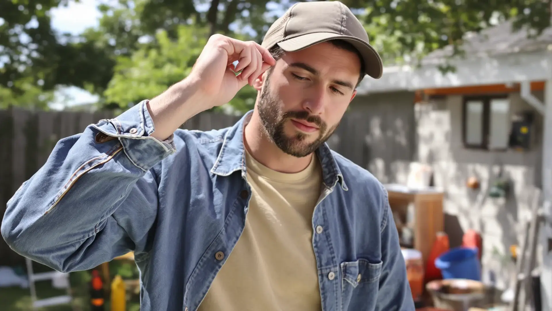 Man lifting his baseball cap in a backyard, healthy hairline visible