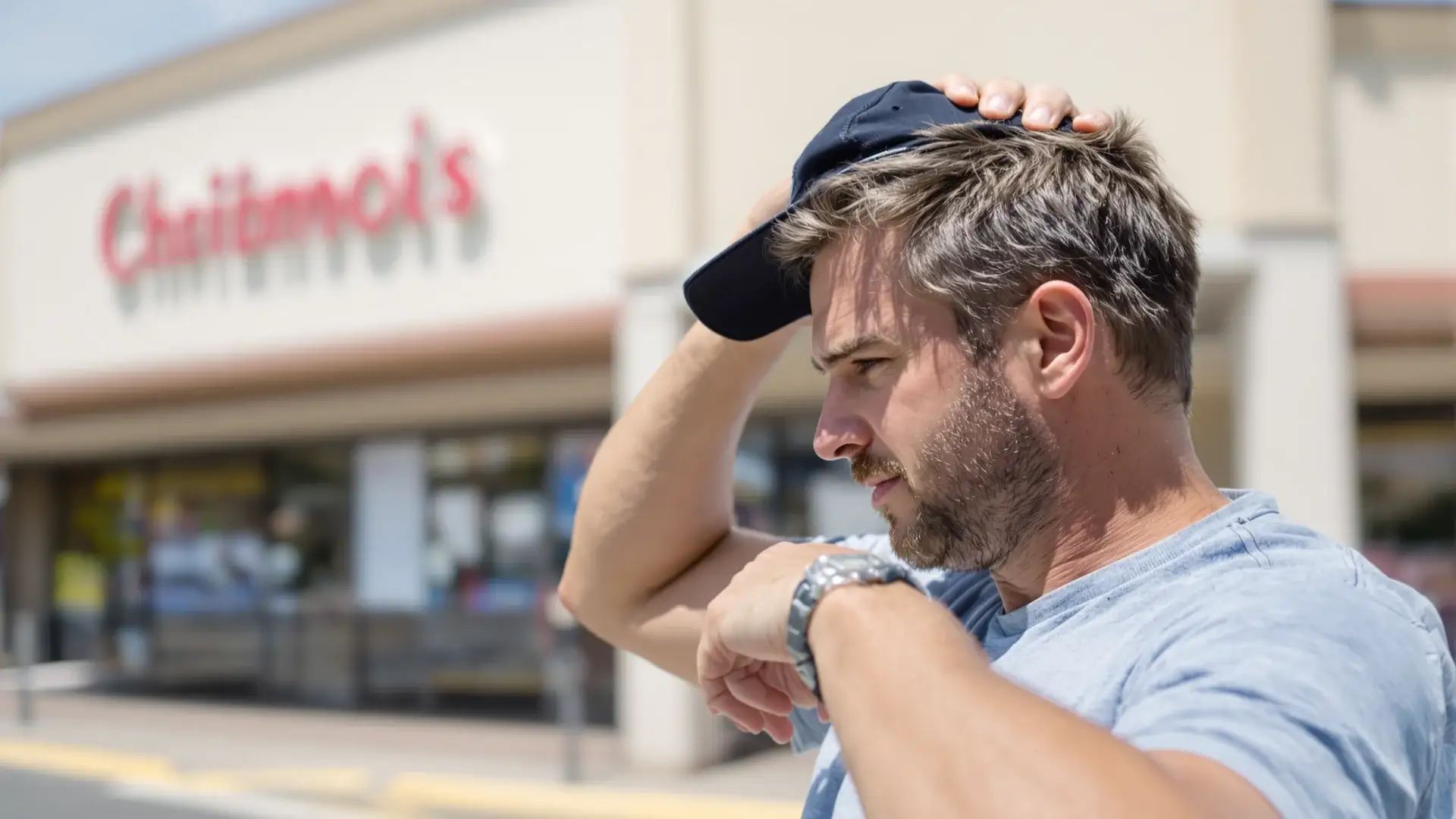Man removing his baseball cap, revealing a full, non-receding hairline.